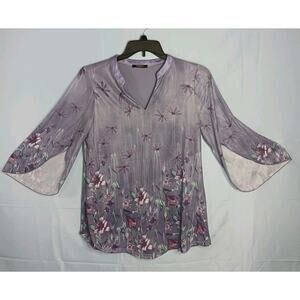 Valolia Blouse Women's Medium Purple Floral 3/4 Sleeve Lined EUC